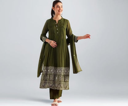 [Ready SG Stock] Olive Green Mul Chanderi Embroidered 3 Pcs Punjabi Suit with Linings [Indian Dresses]