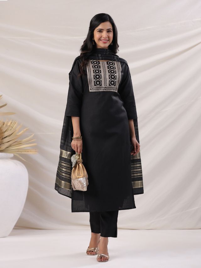 [ Ready SG Stock ] Black Cotton Blend Yoke Embroidered Straight Kurta Set Punjabi Suit with Dupatta [ Indian Dresses ]