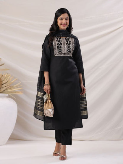 [ Ready SG Stock ] Black Cotton Blend Yoke Embroidered Straight Kurta Set Punjabi Suit with Dupatta [ Indian Dresses ]