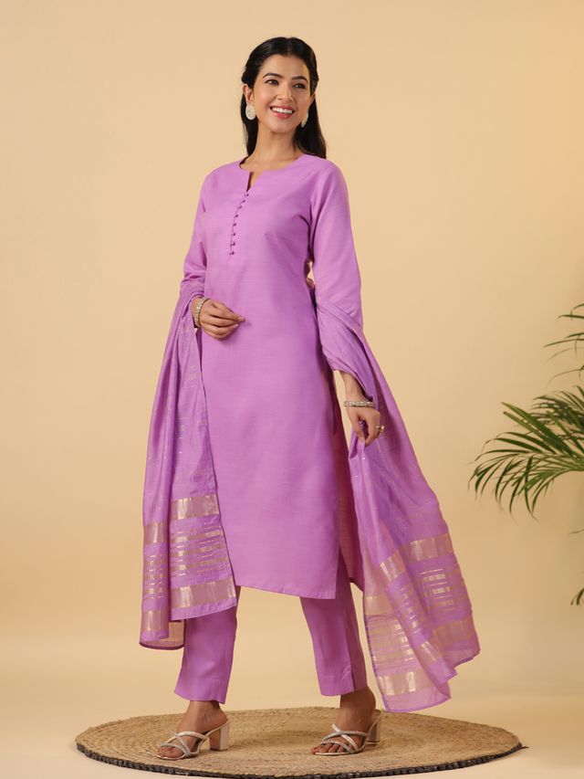 [ Ready SG Stock ] Lavender Cotton Blend Solid Straight Kurta Set Punjabi Suit with Dupatta [ Indian Dresses ]
