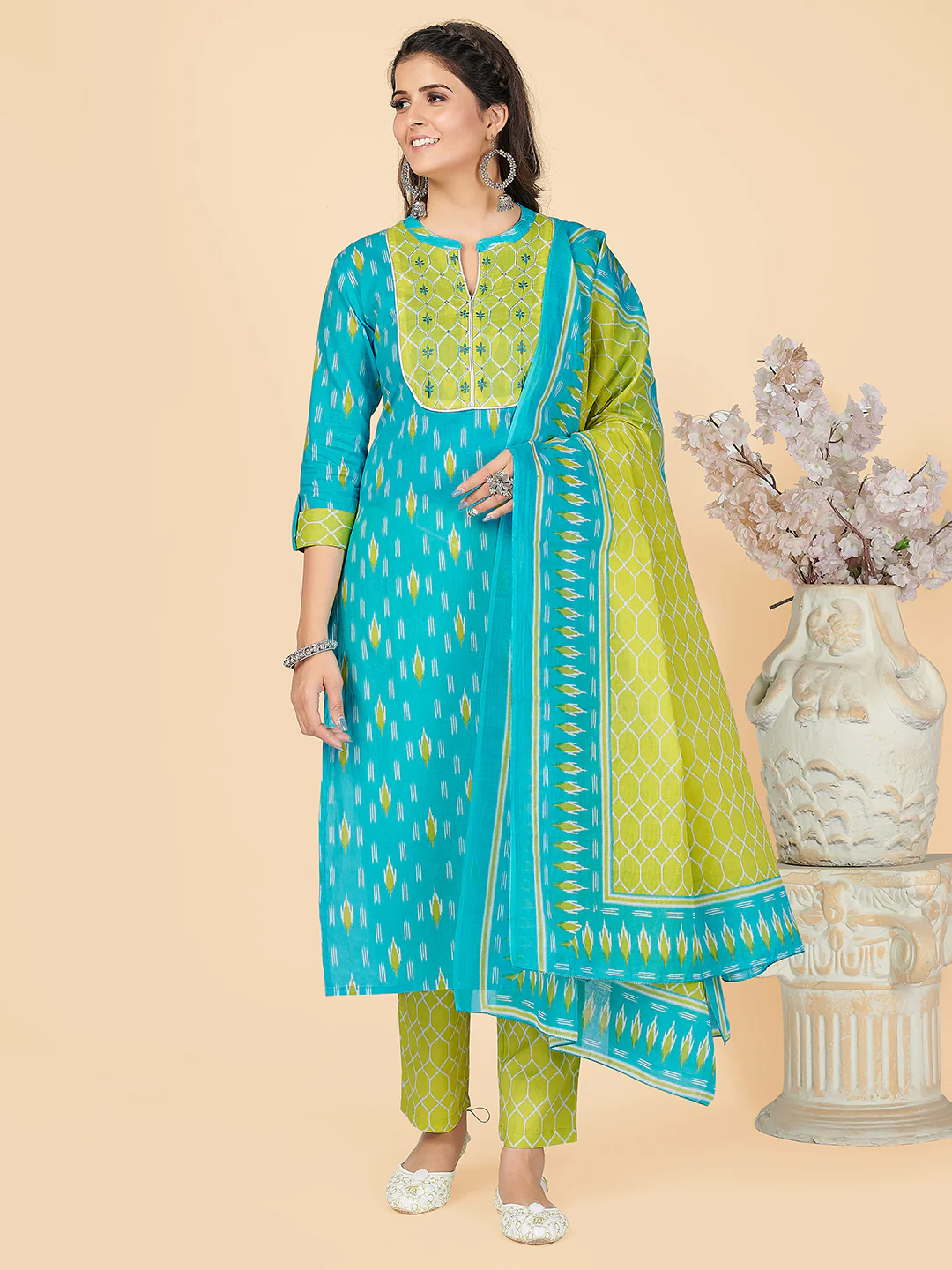 [Ready SG Stock] SKY BLUE BATIK PRINT STRAIGHT COTTON KURTA SET - Indian Dresses
