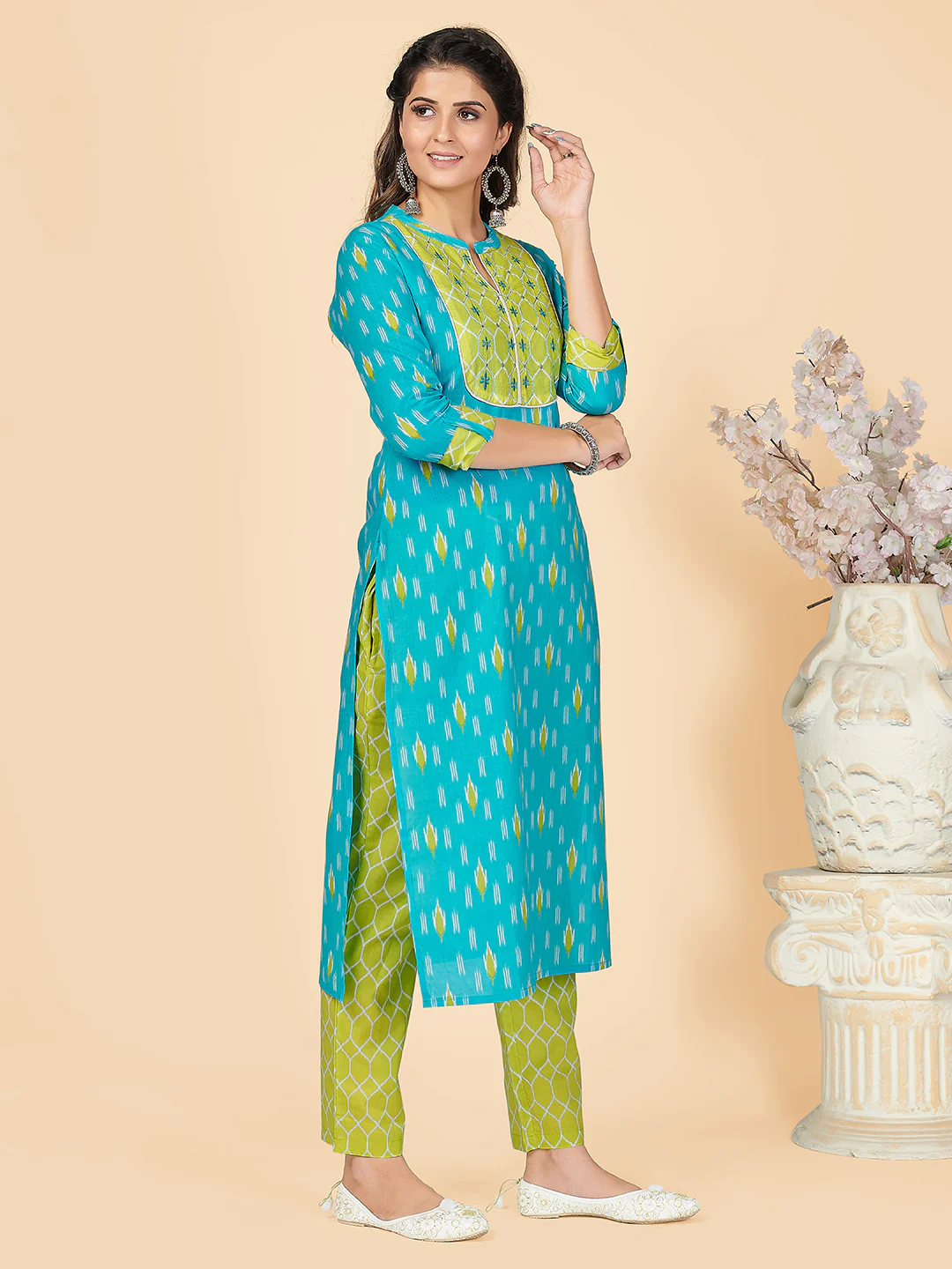 [Ready SG Stock] SKY BLUE BATIK PRINT STRAIGHT COTTON KURTA SET - Indian Dresses