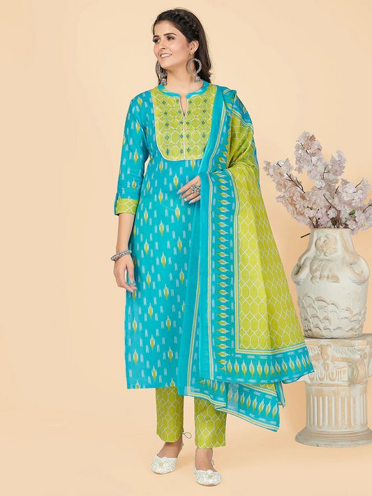 [ Ready SG Stock ] Turquoise Blue Embroidered Straight Cotton Punjabi Kurta Set- Indian Dresses