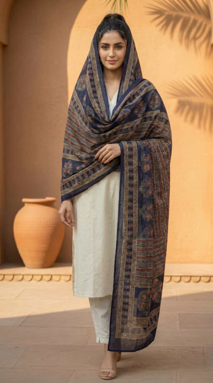 [Ready SG Stock] Pure Cotton Royal Blue Printed Ethnic Dupatta [Only Dupatta]