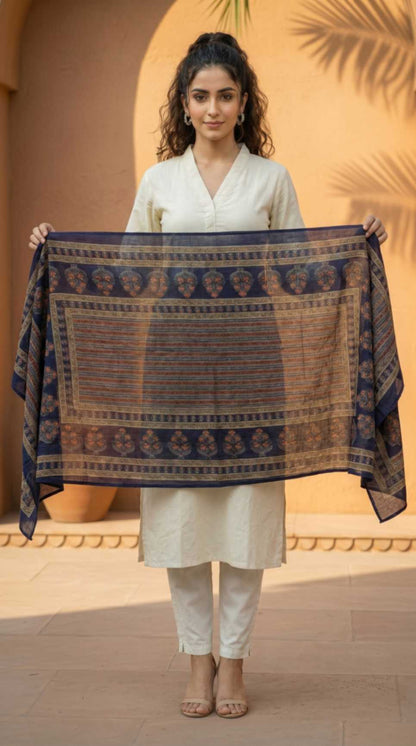 [Ready SG Stock] Pure Cotton Royal Blue Printed Ethnic Dupatta [Only Dupatta]