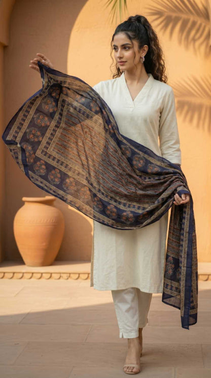 [Ready SG Stock] Pure Cotton Royal Blue Printed Ethnic Dupatta [Only Dupatta]