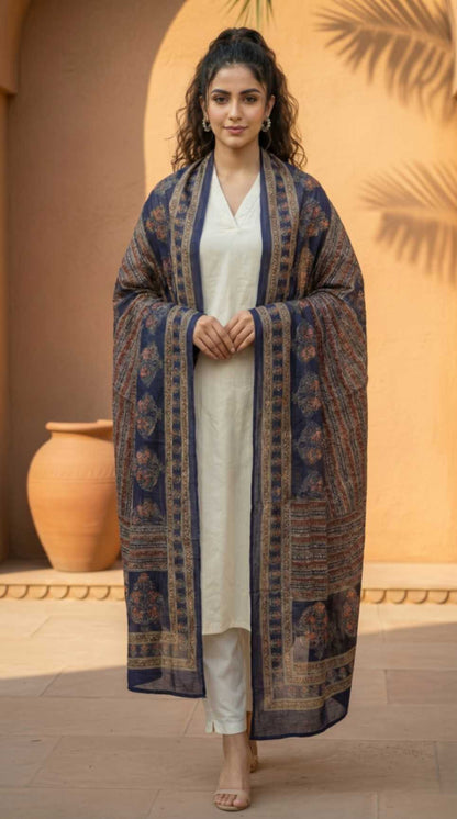 [Ready SG Stock] Pure Cotton Royal Blue Printed Ethnic Dupatta [Only Dupatta]