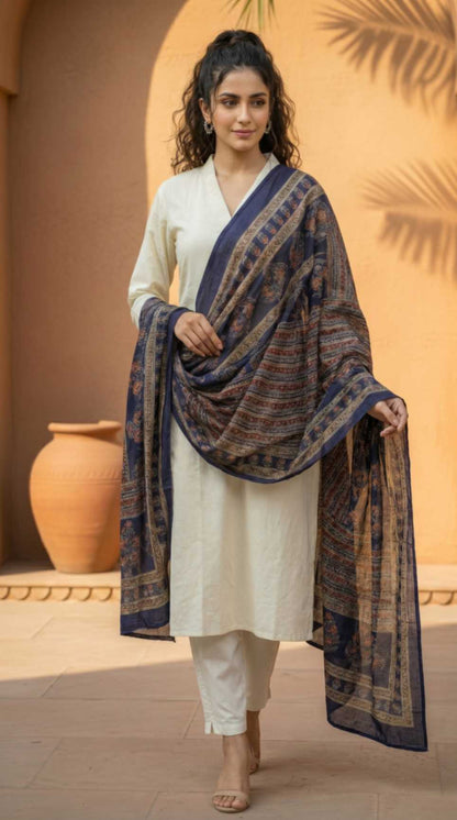 [Ready SG Stock] Pure Cotton Royal Blue Printed Ethnic Dupatta [Only Dupatta]