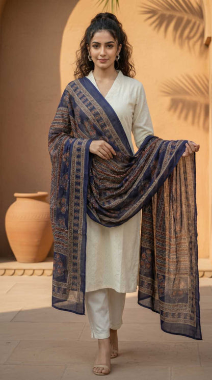 [Ready SG Stock] Pure Cotton Royal Blue Printed Ethnic Dupatta [Only Dupatta]