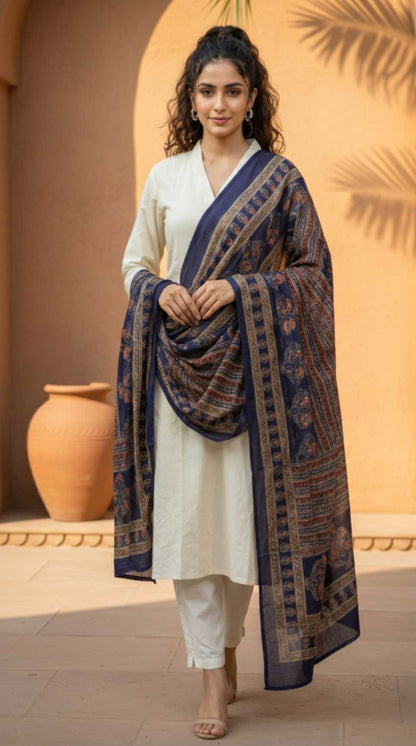 [Ready SG Stock] Pure Cotton Royal Blue Printed Ethnic Dupatta [Only Dupatta]