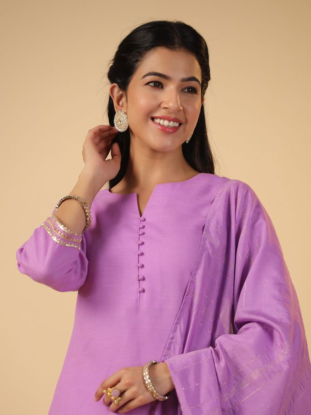 [ Ready SG Stock ] Lavender Cotton Blend Solid Straight Kurta Set Punjabi Suit with Dupatta [ Indian Dresses ]