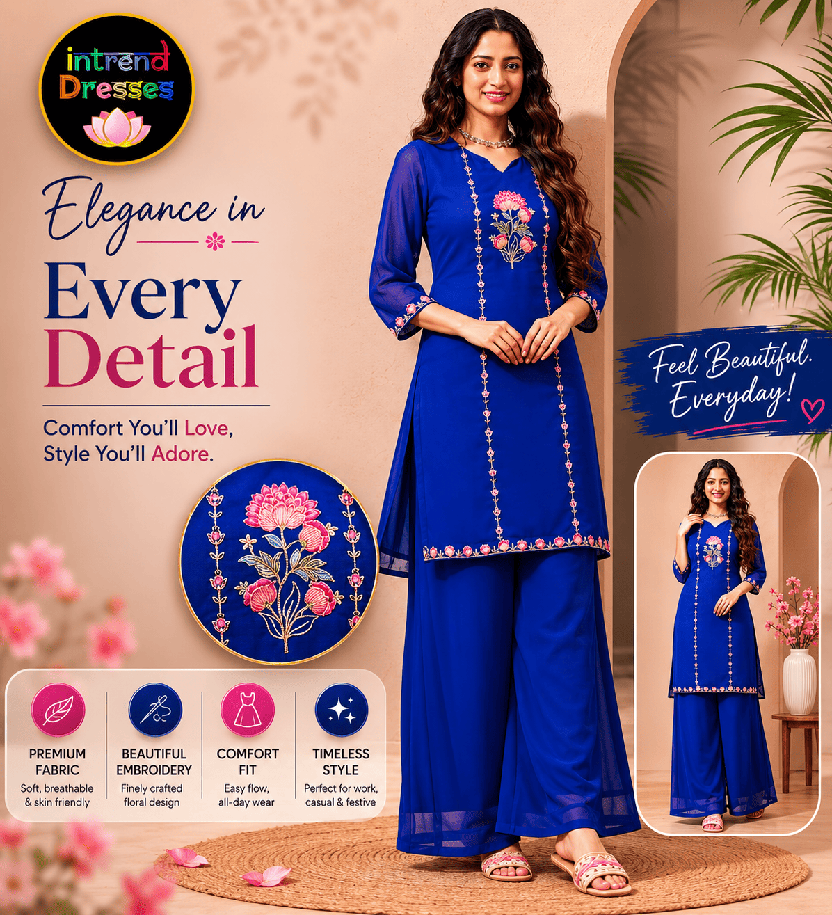 [Ready SG Stock] Royal Blue Subtle Embroidered Georgette Kurta Palazzo / Co-Ord Set with Linings [ Indian Dresses ]