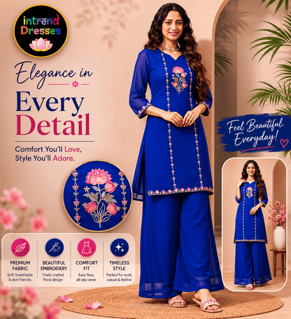 [Ready SG Stock] Royal Blue Subtle Embroidered Georgette Kurta Palazzo / Co-Ord Set with Linings [ Indian Dresses ]