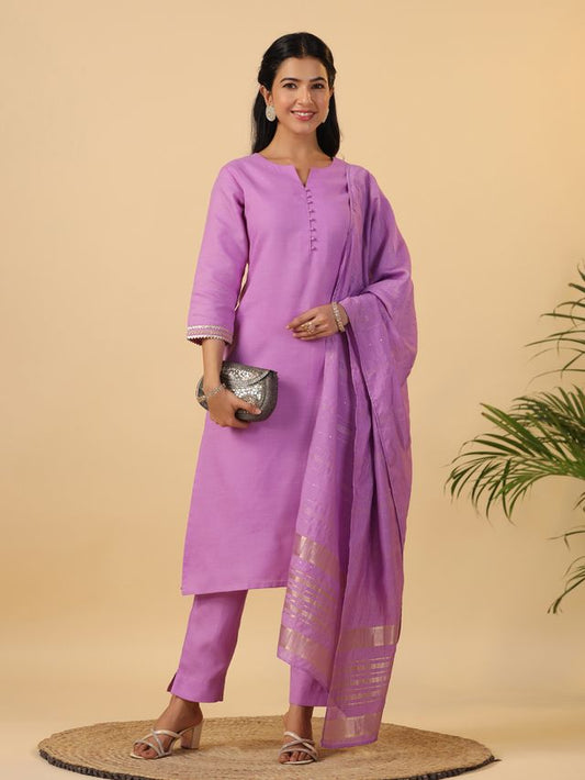 [ Ready SG Stock ] Lavender Cotton Blend Solid Straight Kurta Set Punjabi Suit with Dupatta [ Indian Dresses ]