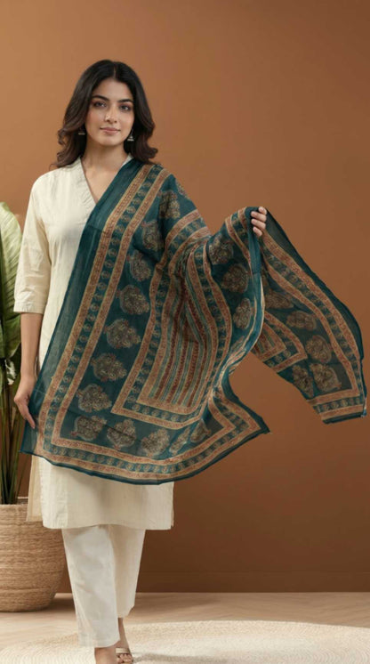 [Ready SG Stock] Pure Cotton Emerald Green Printed Ethnic Dupatta [ Only Dupatta ]