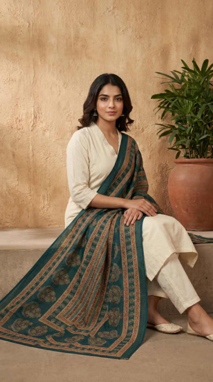 [Ready SG Stock] Pure Cotton Emerald Green Printed Ethnic Dupatta [ Only Dupatta ]