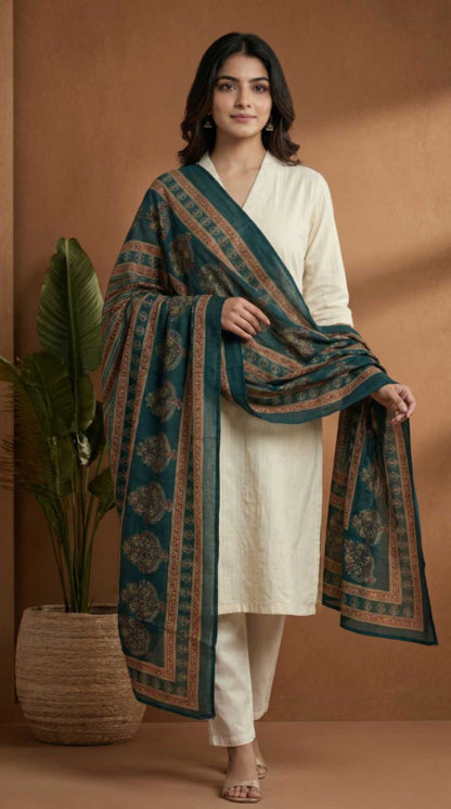 [Ready SG Stock] Pure Cotton Emerald Green Printed Ethnic Dupatta [ Only Dupatta ]