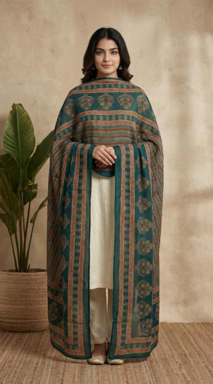 [Ready SG Stock] Pure Cotton Emerald Green Printed Ethnic Dupatta [ Only Dupatta ]