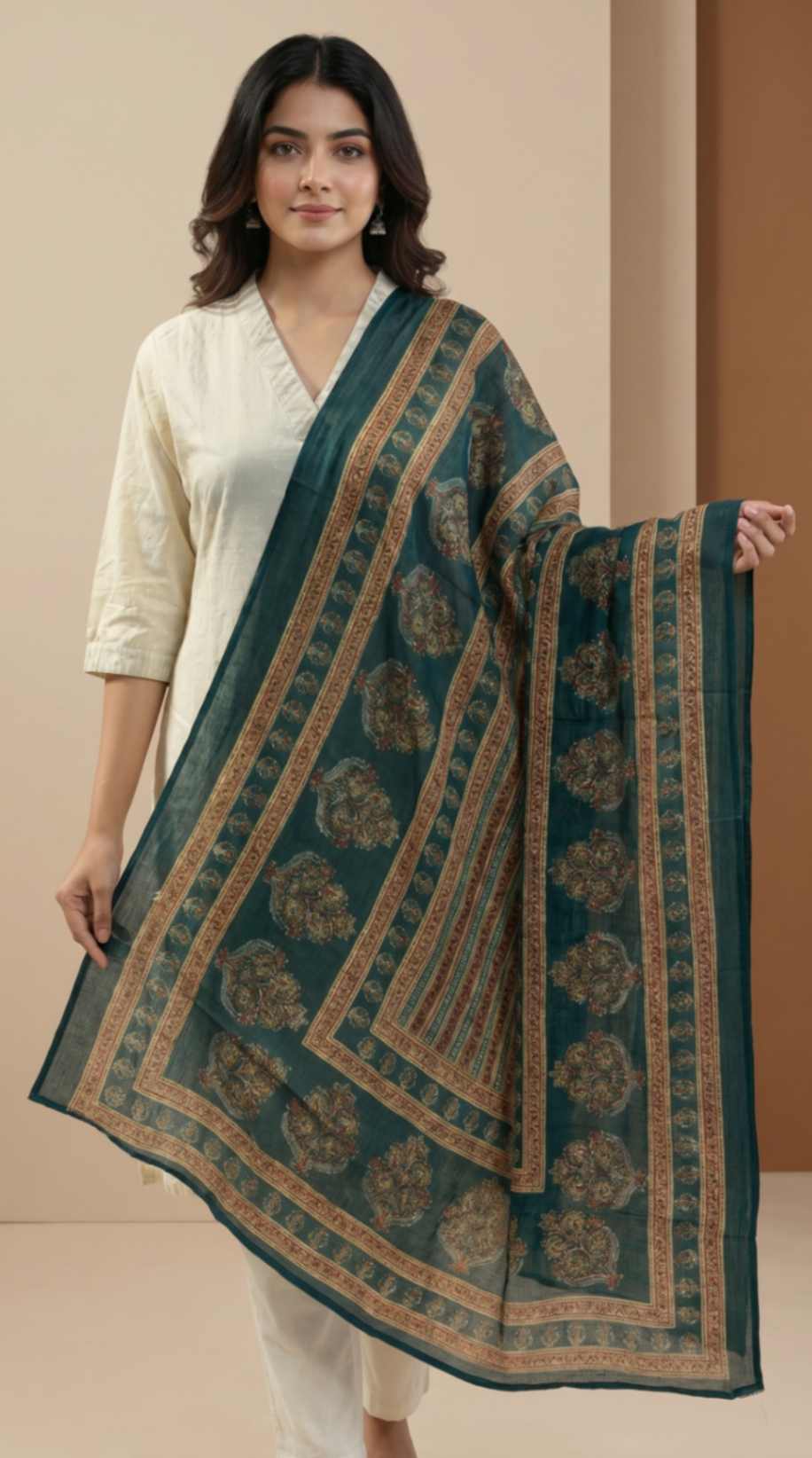 [Ready SG Stock] Pure Cotton Emerald Green Printed Ethnic Dupatta [ Only Dupatta ]