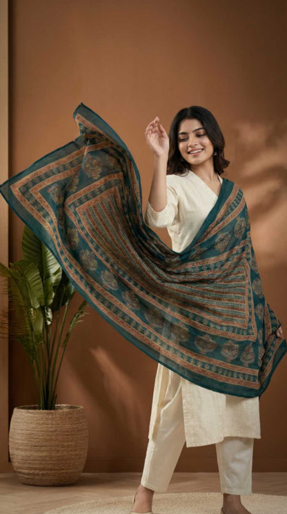 [Ready SG Stock] Pure Cotton Emerald Green Printed Ethnic Dupatta [ Only Dupatta ]