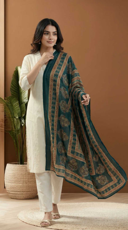 [Ready SG Stock] Pure Cotton Emerald Green Printed Ethnic Dupatta [ Only Dupatta ]
