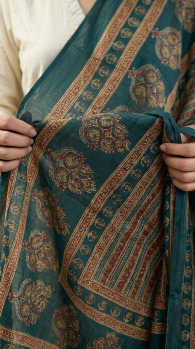 [Ready SG Stock] Pure Cotton Emerald Green Printed Ethnic Dupatta [ Only Dupatta ]