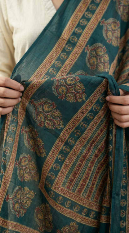 [Ready SG Stock] Pure Cotton Emerald Green Printed Ethnic Dupatta [ Only Dupatta ]