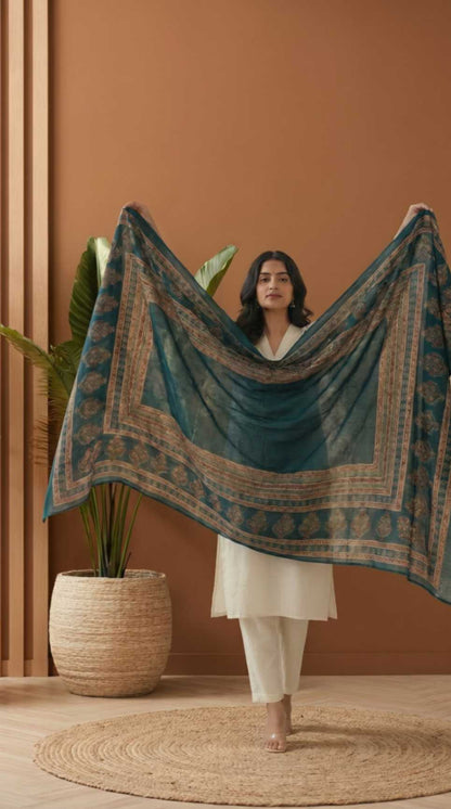 [Ready SG Stock] Pure Cotton Emerald Green Printed Ethnic Dupatta [ Only Dupatta ]