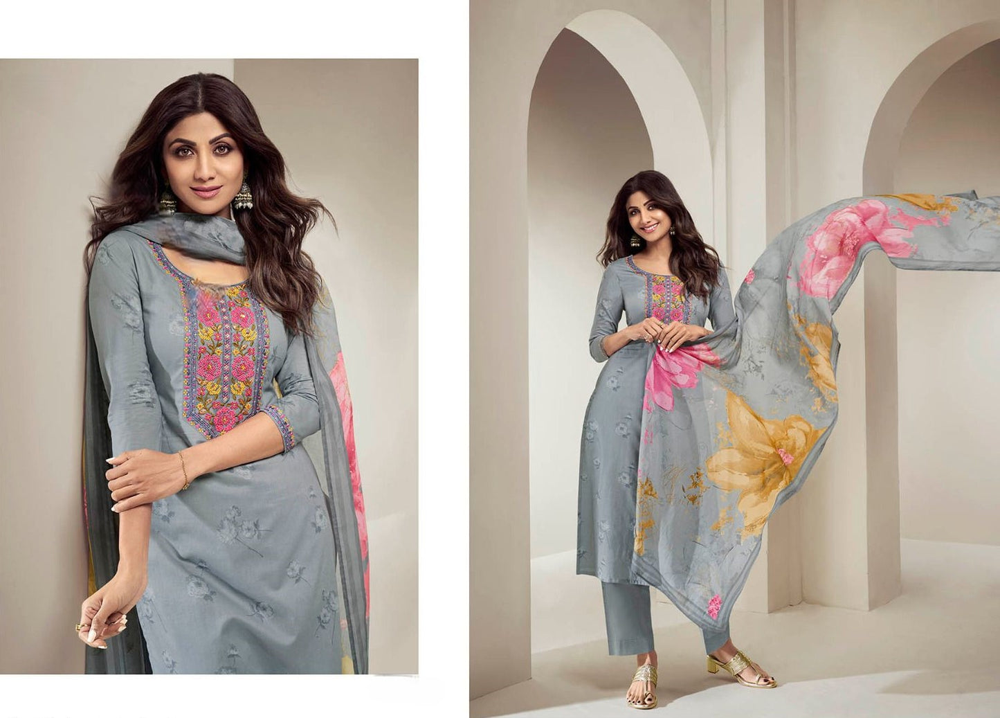 [Ready SG Stock] Sobar Embroidered Digital Floral Printed Straight Kurta, Pant & Dupatta 3 Pcs Punjabi Suit [Indian Dresses]