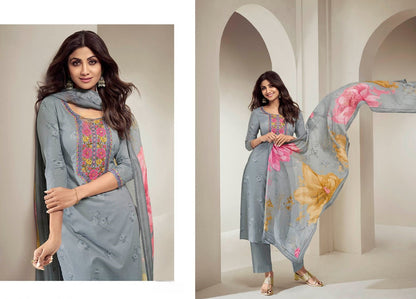 [Ready SG Stock] Sobar Embroidered Digital Floral Printed Straight Kurta, Pant & Dupatta 3 Pcs Punjabi Suit [Indian Dresses]