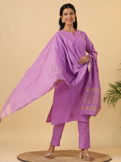 [ Ready SG Stock ] Lavender Cotton Blend Solid Straight Kurta Set Punjabi Suit with Dupatta [ Indian Dresses ]