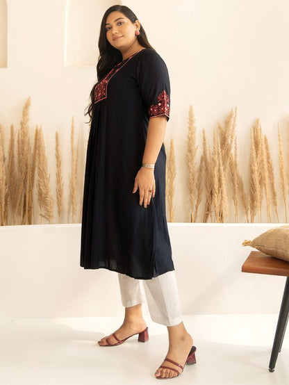 [Ready SG Stock] Plus Size Black Rayon Yoke Embroidered A-line Only kurta [Indian Dresses]