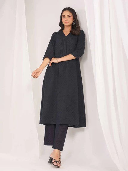 [Ready SG Stock] Black Cotton Jacquard Self Desgin A-Line 2 Pcs Punjabi Kurti Suit [Indian Dresses]