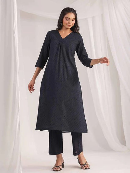 [Ready SG Stock] Black Cotton Jacquard Self Desgin A-Line 2 Pcs Punjabi Kurti Suit [Indian Dresses]