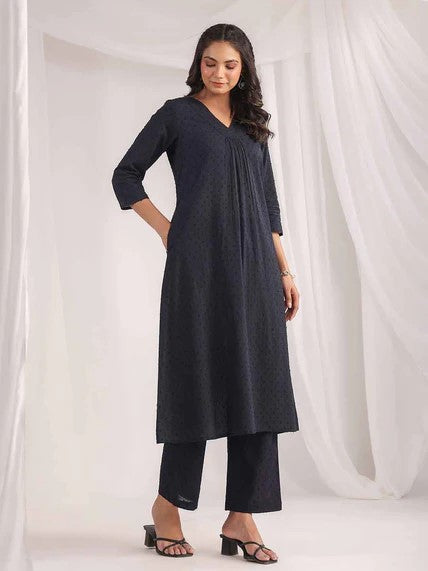 [Ready SG Stock] Black Cotton Jacquard Self Desgin A-Line 2 Pcs Punjabi Kurti Suit [Indian Dresses]