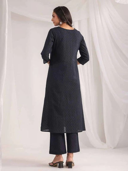 [Ready SG Stock] Black Cotton Jacquard Self Desgin A-Line 2 Pcs Punjabi Kurti Suit [Indian Dresses]