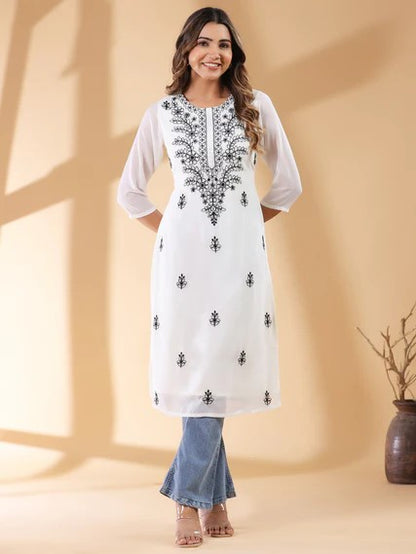 [Ready SG Stock] White Georgette Sobar Thread Embroidered Punjabi Straight Only Top with Linings [Indian Dresses]