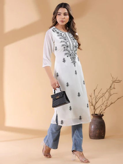 [Ready SG Stock] White Georgette Sobar Thread Embroidered Punjabi Straight Only Top with Linings [Indian Dresses]