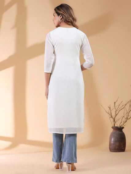 [Ready SG Stock] White Georgette Sobar Thread Embroidered Punjabi Straight Only Top with Linings [Indian Dresses]