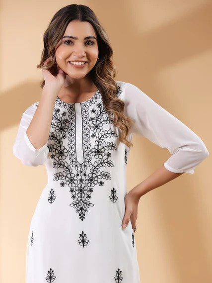[Ready SG Stock] White Georgette Sobar Thread Embroidered Punjabi Straight Only Top with Linings [Indian Dresses]