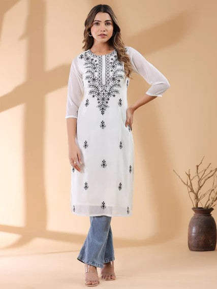 [Ready SG Stock] White Georgette Sobar Thread Embroidered Punjabi Straight Only Top with Linings [Indian Dresses]