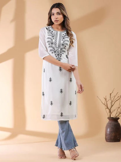 [Ready SG Stock] White Georgette Sobar Thread Embroidered Punjabi Straight Only Top with Linings [Indian Dresses]