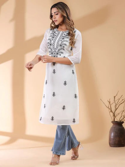 [Ready SG Stock] White Georgette Sobar Thread Embroidered Punjabi Straight Only Top with Linings [Indian Dresses]