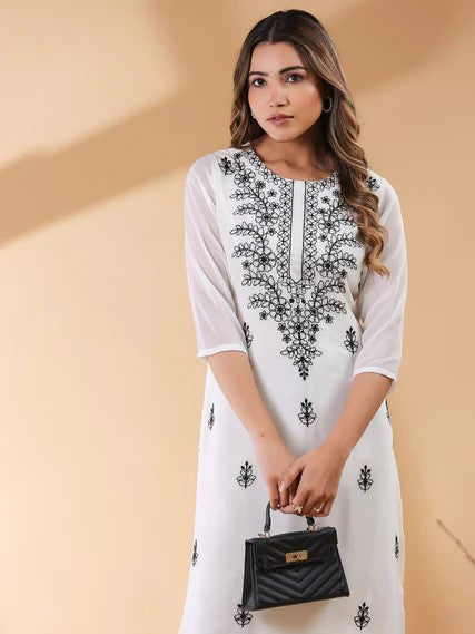 [Ready SG Stock] White Georgette Sobar Thread Embroidered Punjabi Straight Only Top with Linings [Indian Dresses]