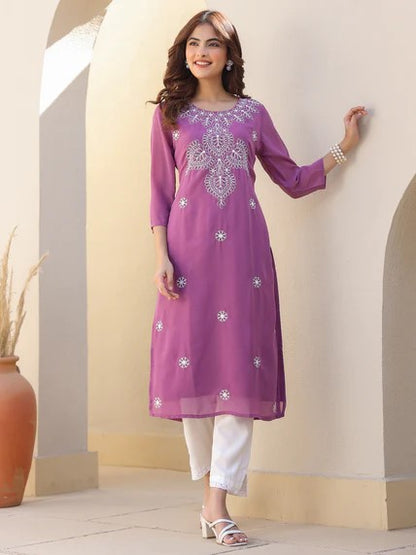 [Ready SG Stock] Lavender Georgette Sobar Thread Embroidered Punjabi Straight Only Top with Linings [Indian Dresses]