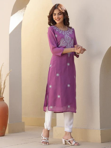 [Ready SG Stock] Lavender Georgette Sobar Thread Embroidered Punjabi Straight Only Top with Linings [Indian Dresses]