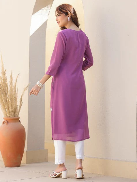 [Ready SG Stock] Lavender Georgette Sobar Thread Embroidered Punjabi Straight Only Top with Linings [Indian Dresses]
