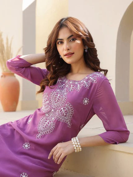 [Ready SG Stock] Lavender Georgette Sobar Thread Embroidered Punjabi Straight Only Top with Linings [Indian Dresses]