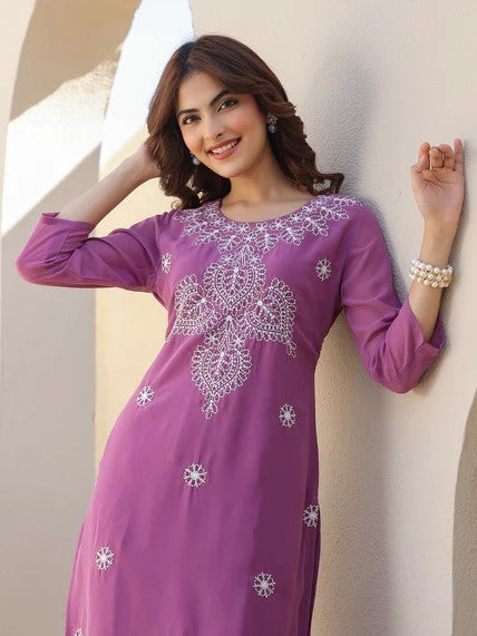 [Ready SG Stock] Lavender Georgette Sobar Thread Embroidered Punjabi Straight Only Top with Linings [Indian Dresses]