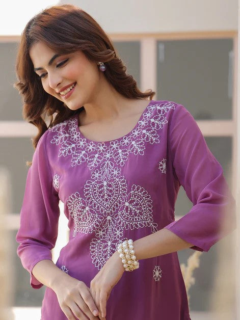 [Ready SG Stock] Lavender Georgette Sobar Thread Embroidered Punjabi Straight Only Top with Linings [Indian Dresses]